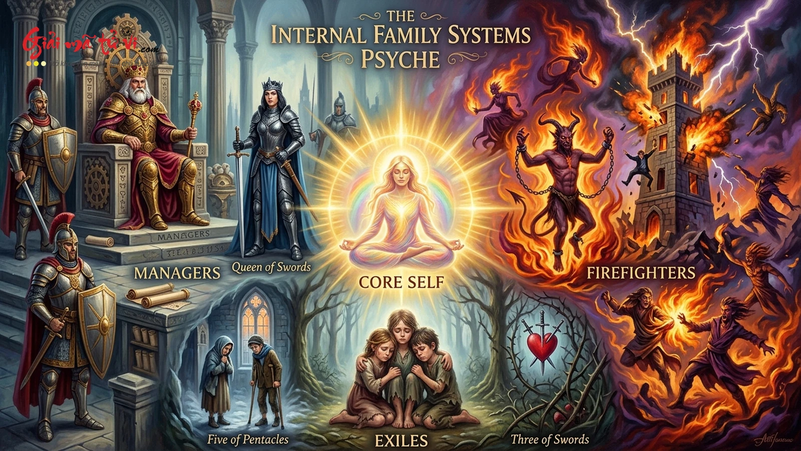 Bản Đồ 3 Nhóm Bộ Phận Tâm Trí IFS trong Tarot: Exiles (Lưu Đày), Managers (Quản Lý), Firefighters (Cứu Hỏa)
