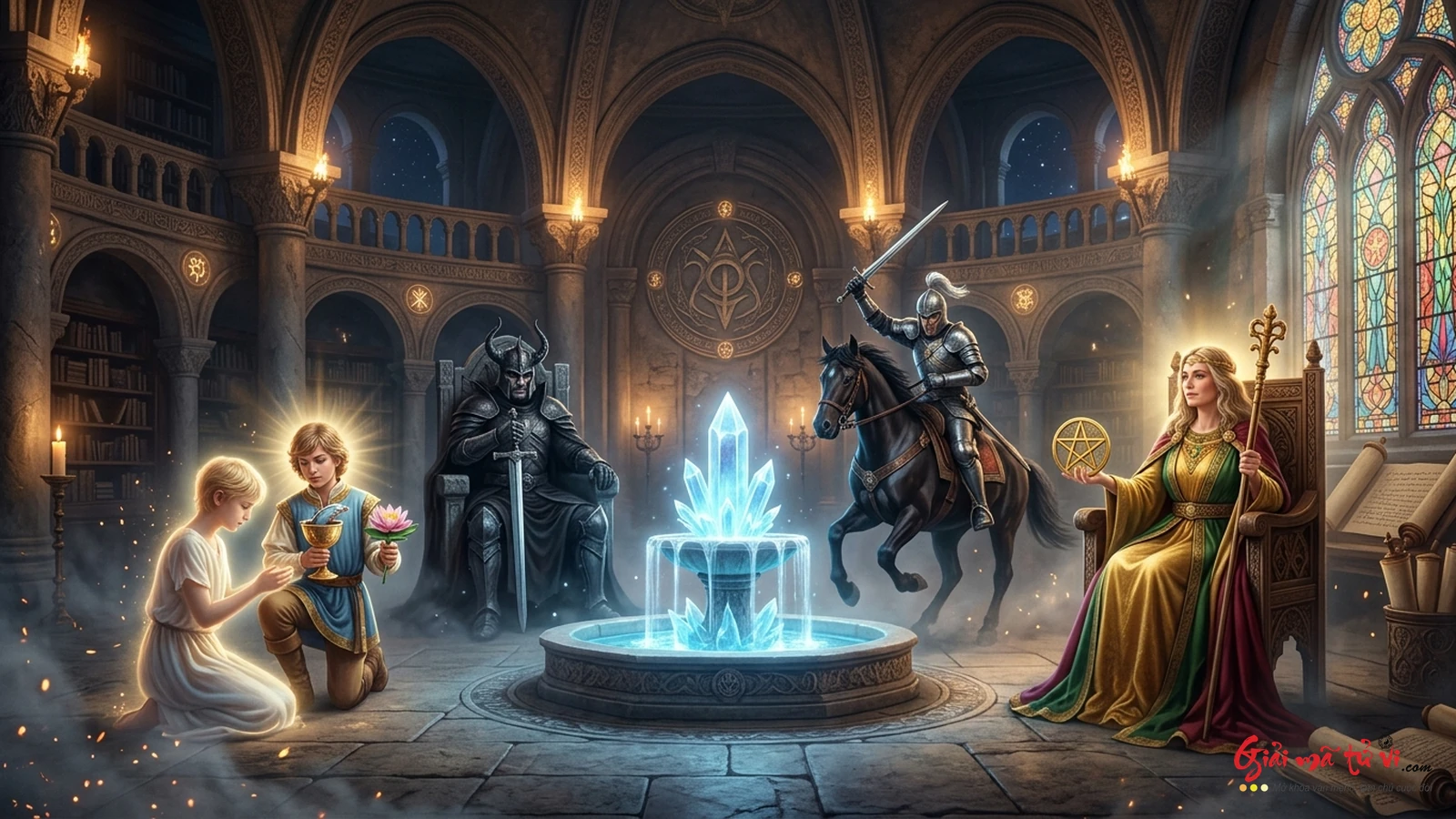 Hội đồng 4 trạng thái Schema Modes trong Tarot: Đứa trẻ tổn thương (Page), Phụ huynh trừng phạt (King of Swords) và Người lớn lành mạnh (Queen of Pentacles & The Hierophant)