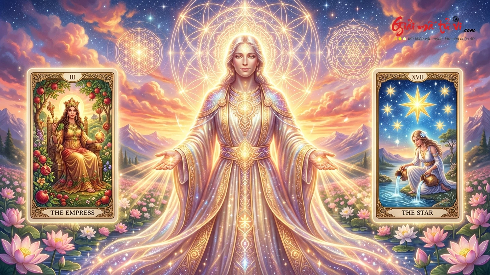 Hình Tượng Trắc Ẩn Lý Tưởng trong CFT và Tarot: Bản Thể Khai Sáng tỏa ánh sáng hoàng kim giữa The Empress và The Star