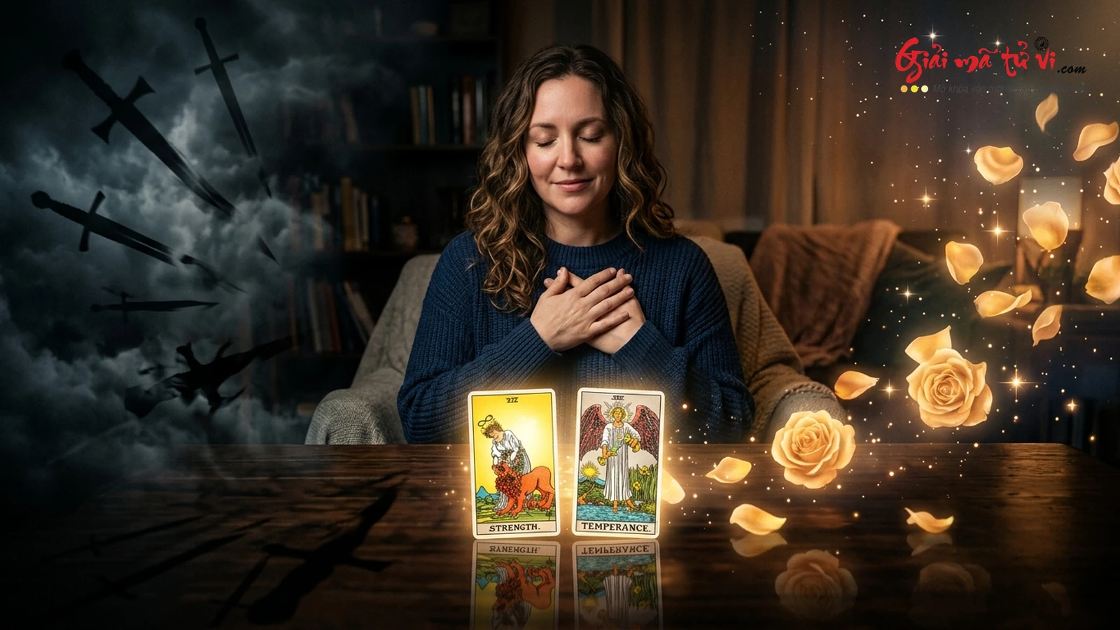 Chuyển hóa Kẻ Chỉ Trích Nội Tâm bằng Lòng Trắc Ẩn và Tarot: Bàn tay đặt lên ngực xoa dịu trái tim, bóng tối thanh kiếm hòa tan thành cánh hoa hồng vàng
