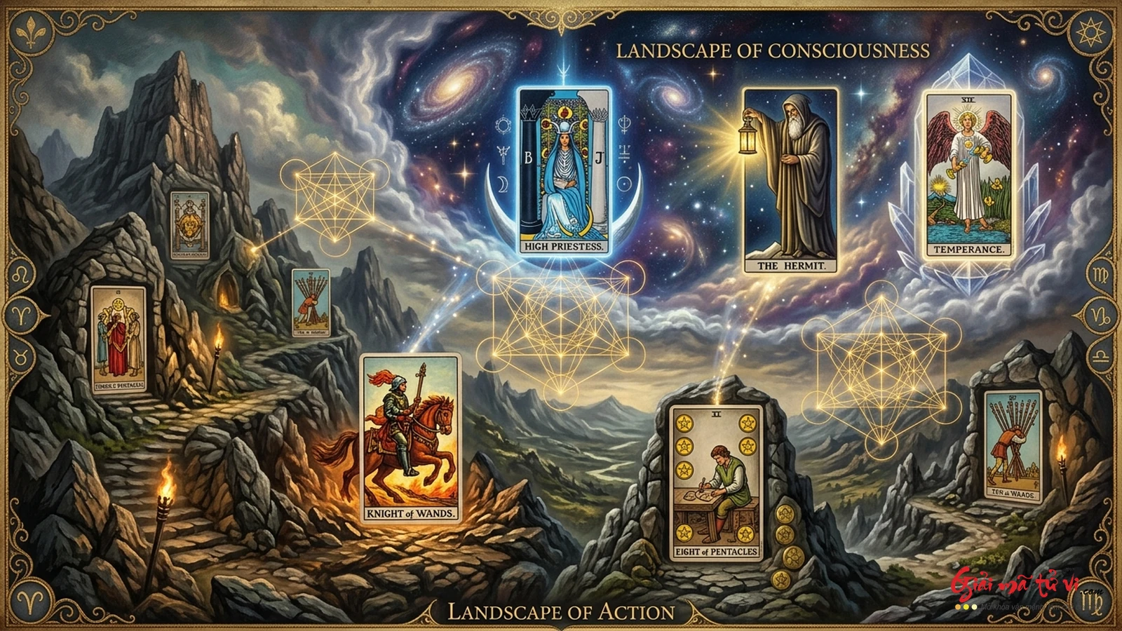 Bản đồ hai bình diện tự sự trong Tarot: Địa hình Hành động (Landscape of Action) và Địa hình Ý thức (Landscape of Consciousness) kết nối qua ma trận hình học thánh