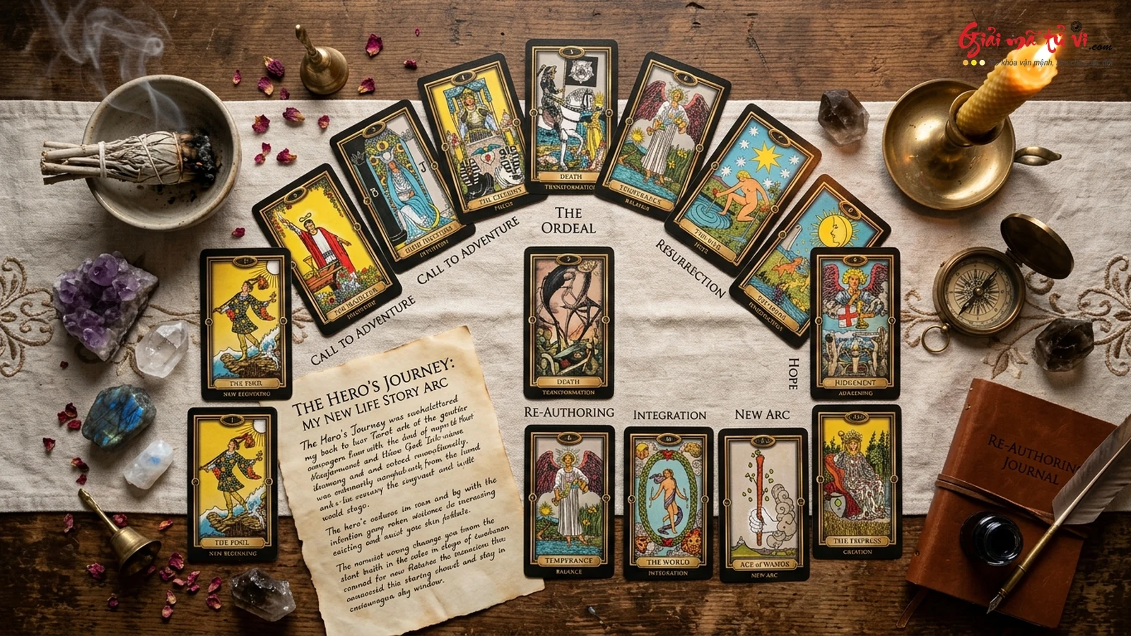 Ma trận phác đồ trải bài Tarot tự sự Re-Authoring Spreads: Sắp đặt vòng cung biến đổi người anh hùng tái kiến tạo cốt truyện đời người và bản thể tự quyết