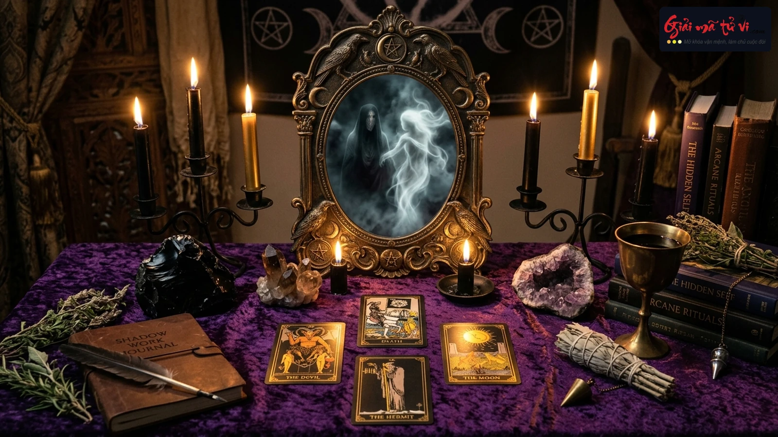 Bàn trải bài Tarot Shadow Work huyền bí: Gương soi tiềm thức, lá bài biểu tượng bóng tối, đá Obsidian và nến thơm