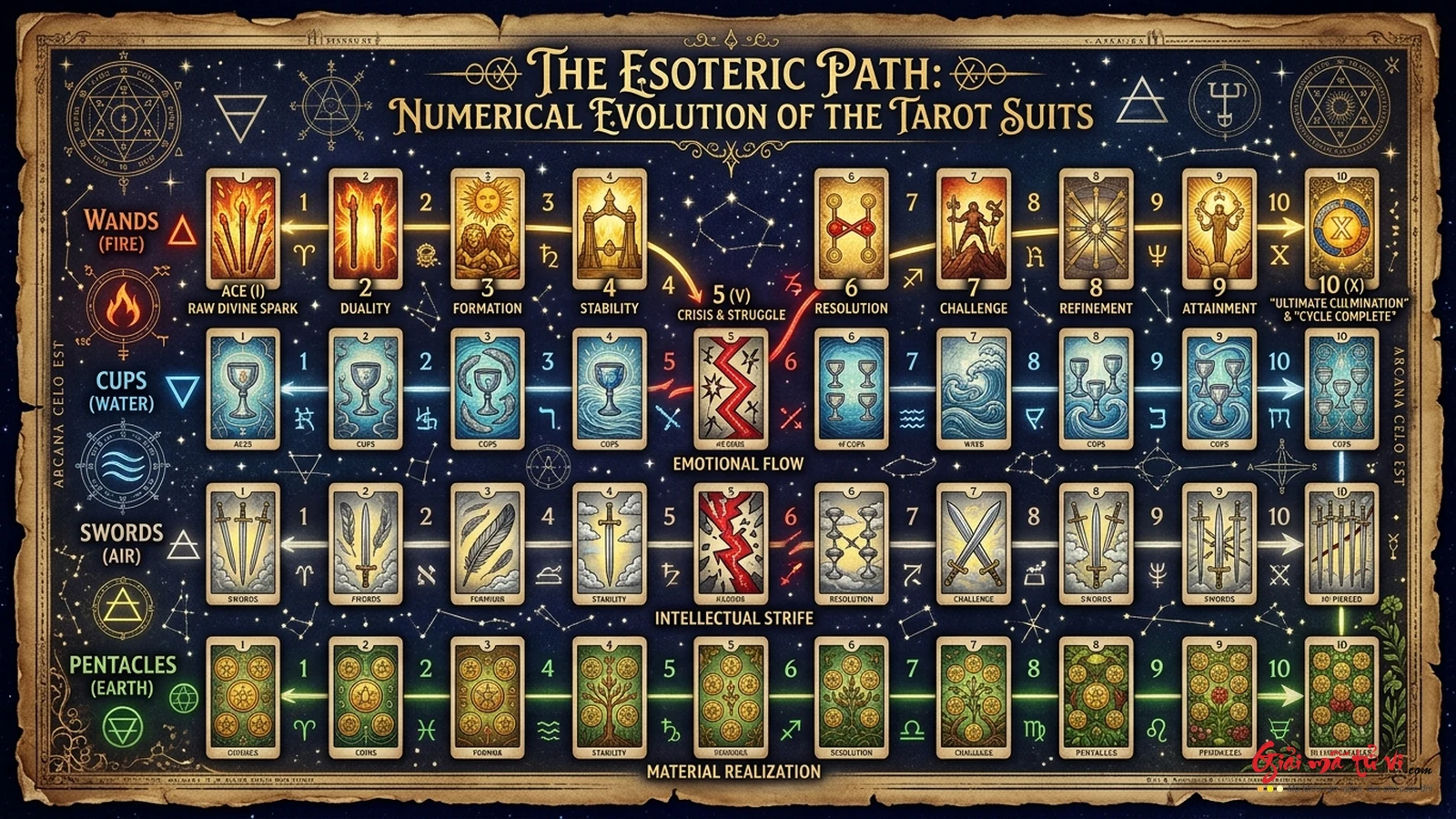 Ma trận tiến hóa số học từ Át đến 10 qua 4 nguyên tố Lửa Nước Khí Đất trong Tarot