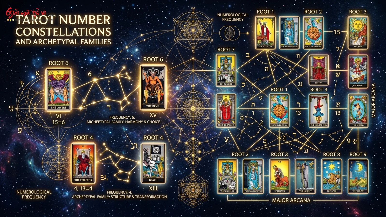 Bảng ma trận chòm sao số học kết nối các nhóm bài cùng tần số rung động trong Tarot