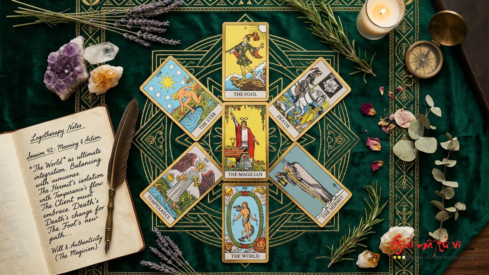 Đồ hình 6 phác đồ trải bài Tarot Hiện Sinh & Logotherapy thực chiến chuyên sâu trên thảm nhung ngọc bích