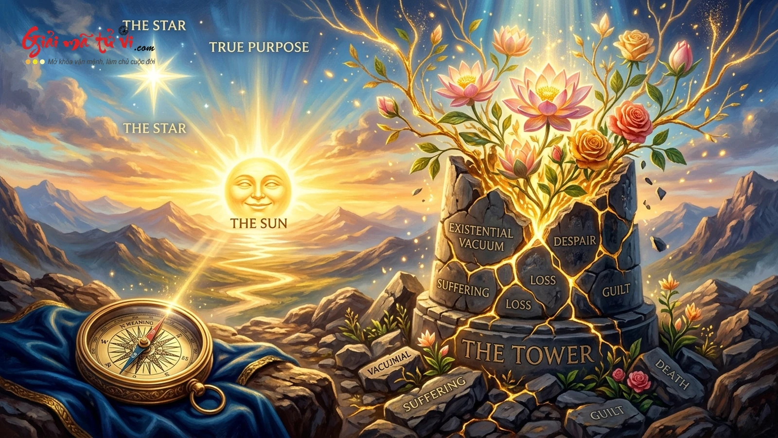 Lạc Quan Bi Tráng (Tragic Optimism) – Sự trỗi dậy của đóa sen hy vọng từ đống đổ nát The Tower hướng về vầng thái dương The Sun và ánh sao The Star