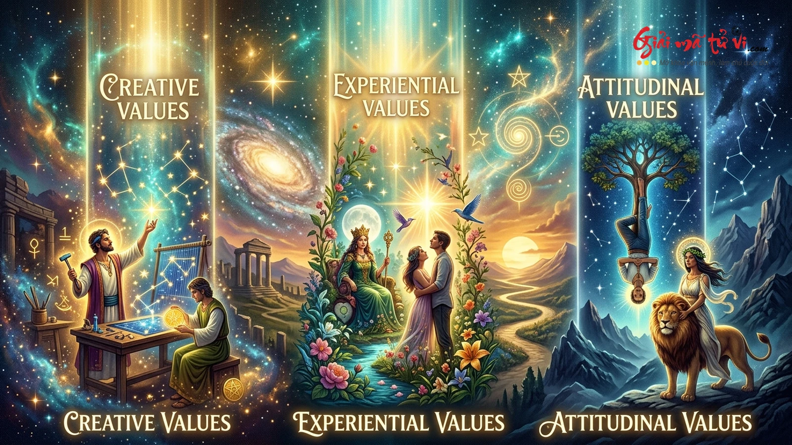 3 Trụ Cột Tìm Kiếm Ý Nghĩa Sống Trong Logotherapy qua Biểu Tượng Tarot: Giá Trị Sáng Tạo (The Magician), Giá Trị Trải Nghiệm (The Empress & The Lovers), Giá Trị Thái Độ Bi Tráng (The Hanged Man & Strength)
