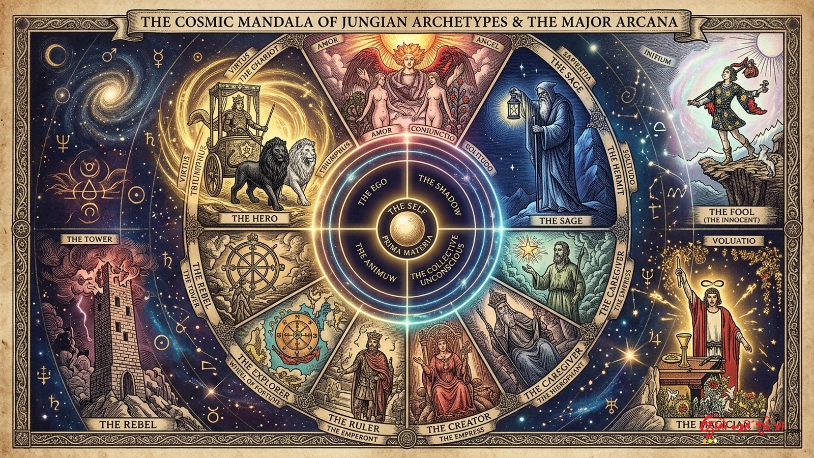 Sơ đồ 12 nguyên mẫu tâm lý học Carl Jung đối chiếu cùng hệ thống 22 lá bài Ẩn Chính Major Arcana