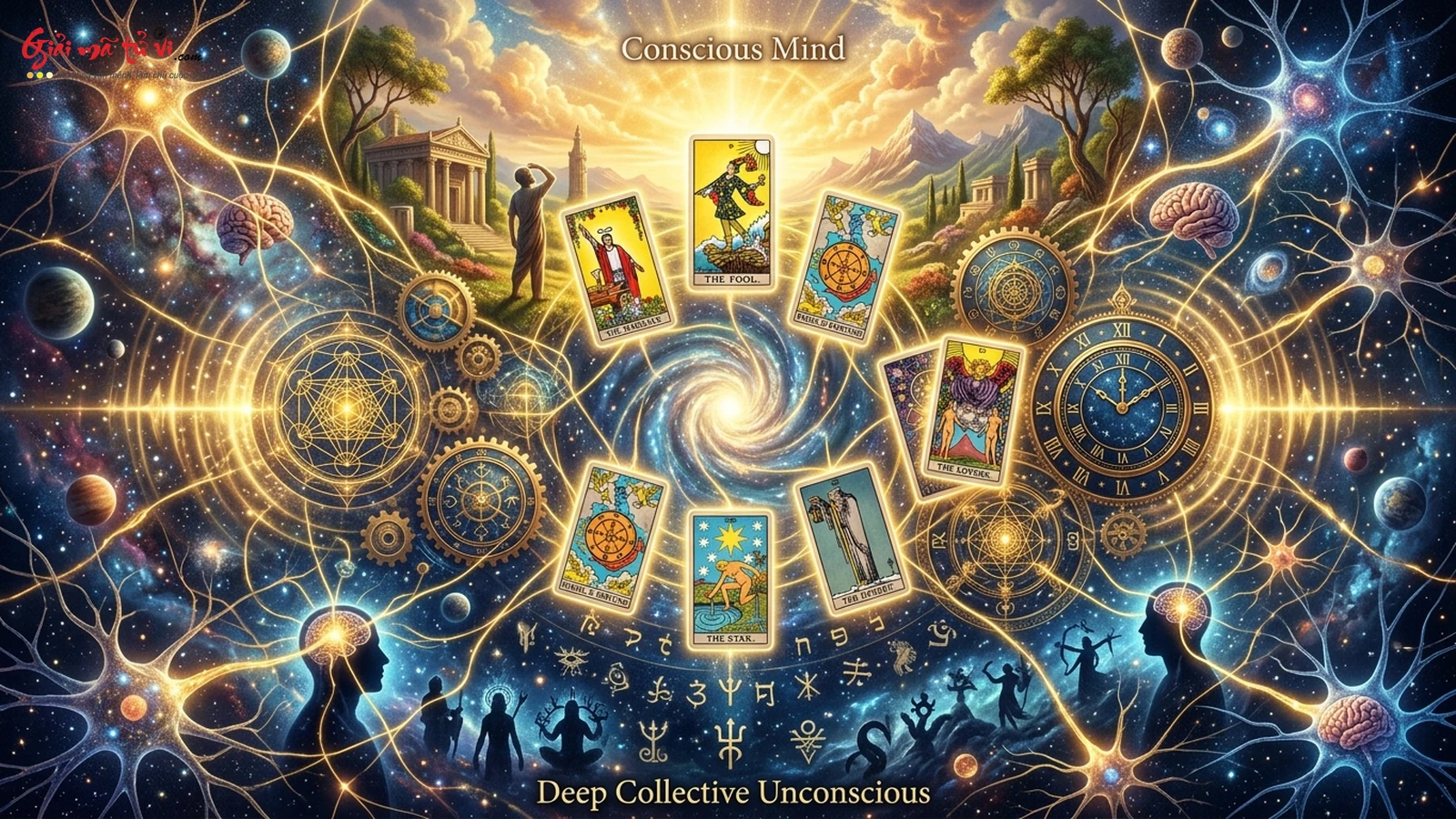 Minh họa cơ chế Đồng Hiện Synchronicity kết nối tâm thức phi nhân quả qua biểu tượng Tarot