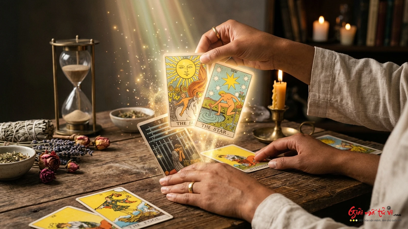 Nghệ thuật tái cấu trúc nhận thức qua biểu tượng Tarot – Chuyển hóa suy nghĩ tự động tiêu cực (9 of Swords) thành ánh sáng minh triết và hy vọng (The Sun, The Star)