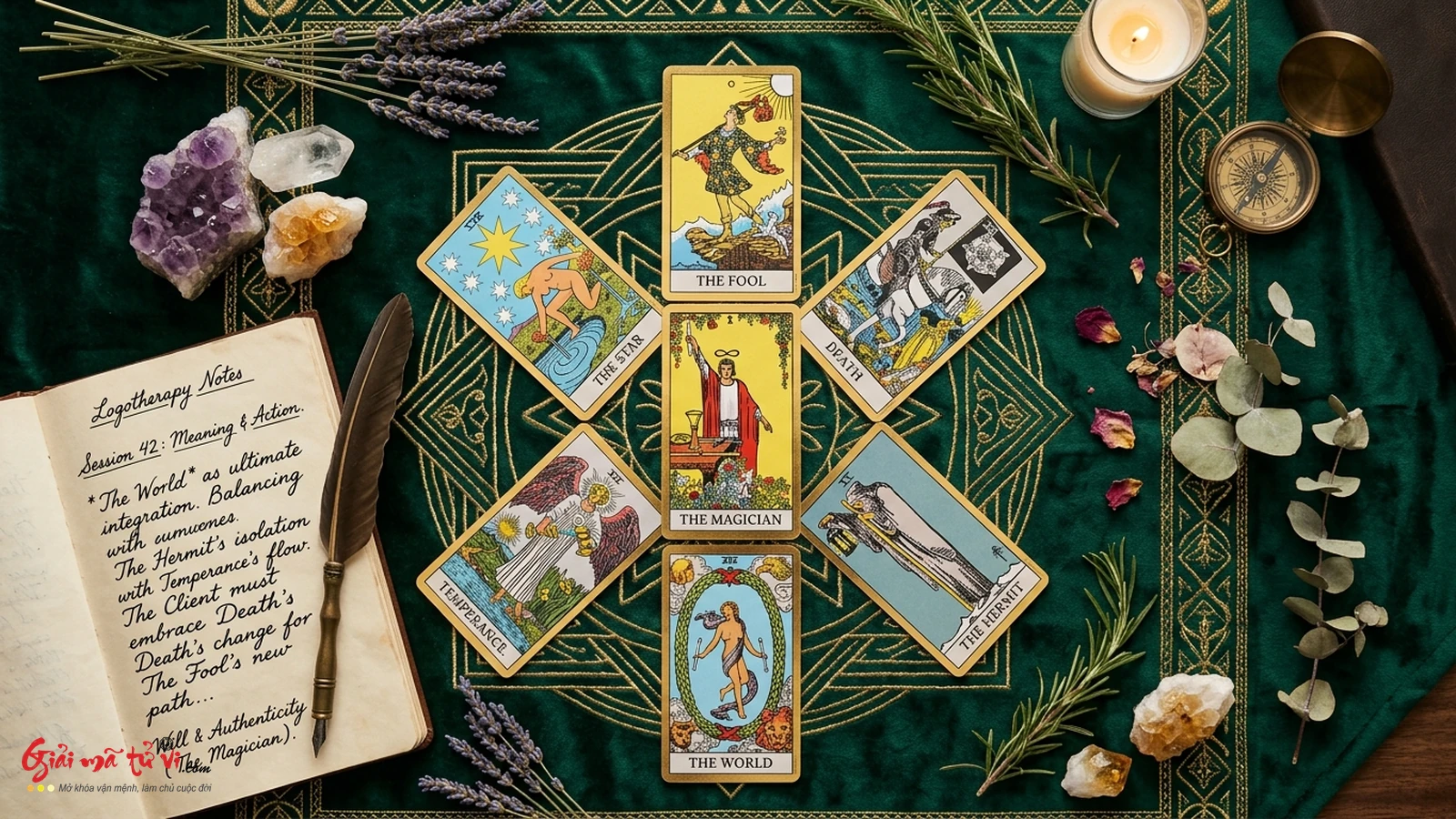 Phác đồ 6 trải bài Tarot Nhân văn thực chiến chuyên sâu trên khăn nhung thiên văn dát vàng cùng chuông xoay và sổ tay tự vấn