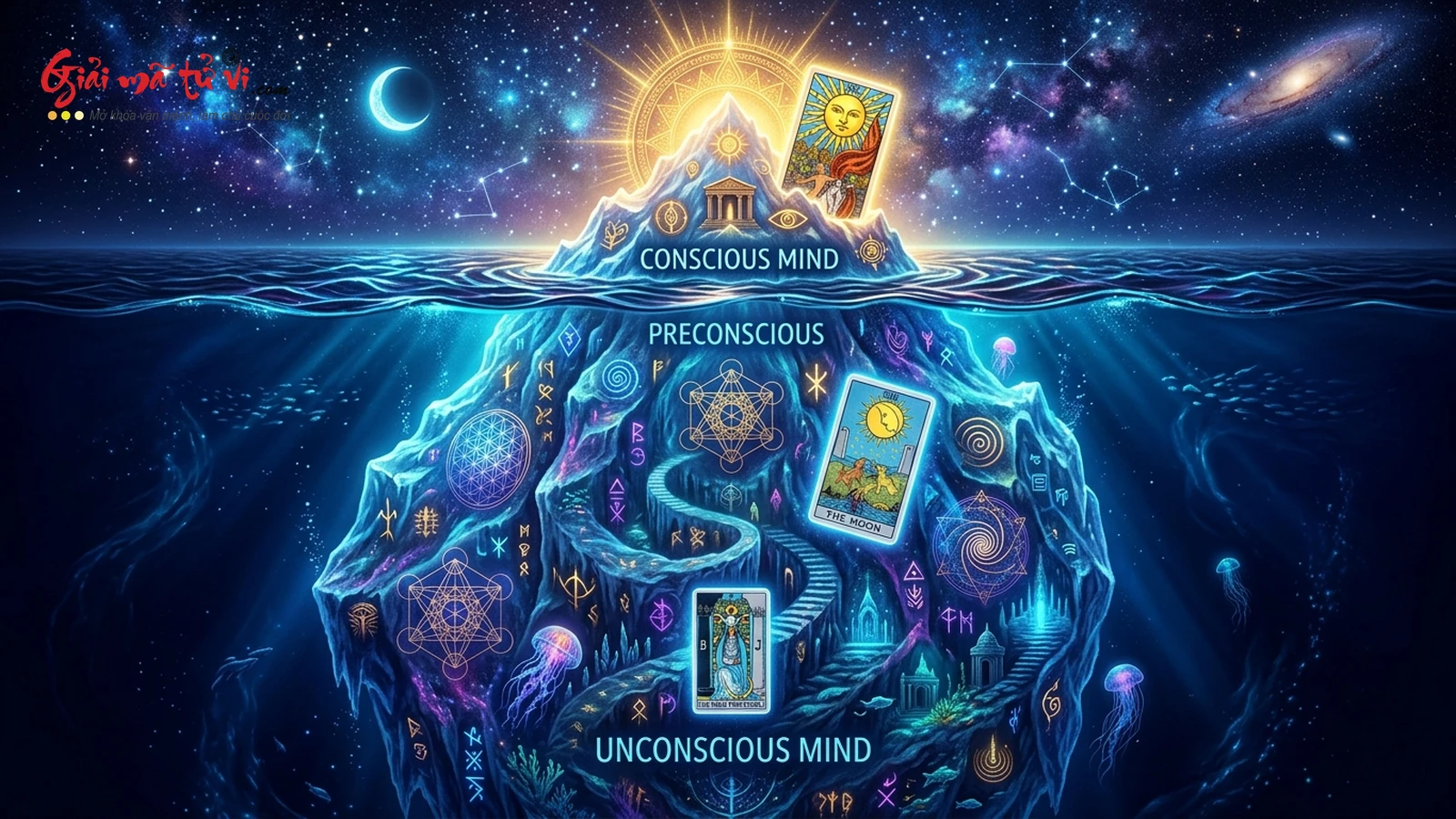 Sơ đồ Mô hình Tảng Băng Ý Thức của Sigmund Freud với 3 tầng Conscious, Preconscious và Unconscious tương ứng các lá bài Tarot The Sun, The Magician, The Moon và The High Priestess
