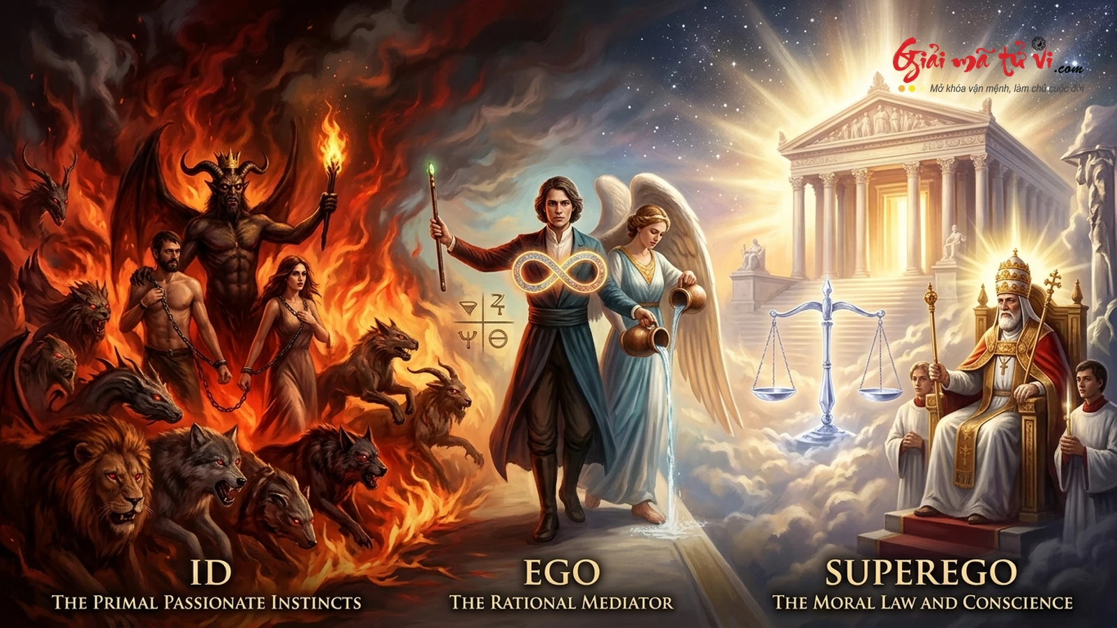 Ma Trận Tam Giác Cấu Trúc Nhân Cách Ba Thể Id Ego Superego trong Phân tâm học và Tarot: Id ngọn lửa đam mê, Superego tòa án đạo đức, Ego người điều phối cân bằng
