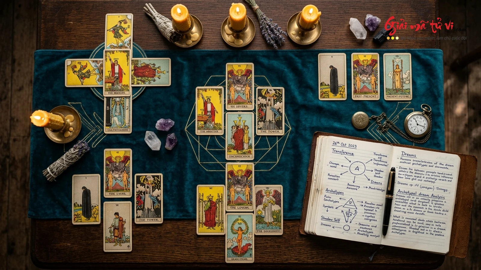 Bàn trải bài phân tâm học trị liệu 6 phác đồ chuyên sâu với 78 lá bài Tarot và nhật ký phân tâm