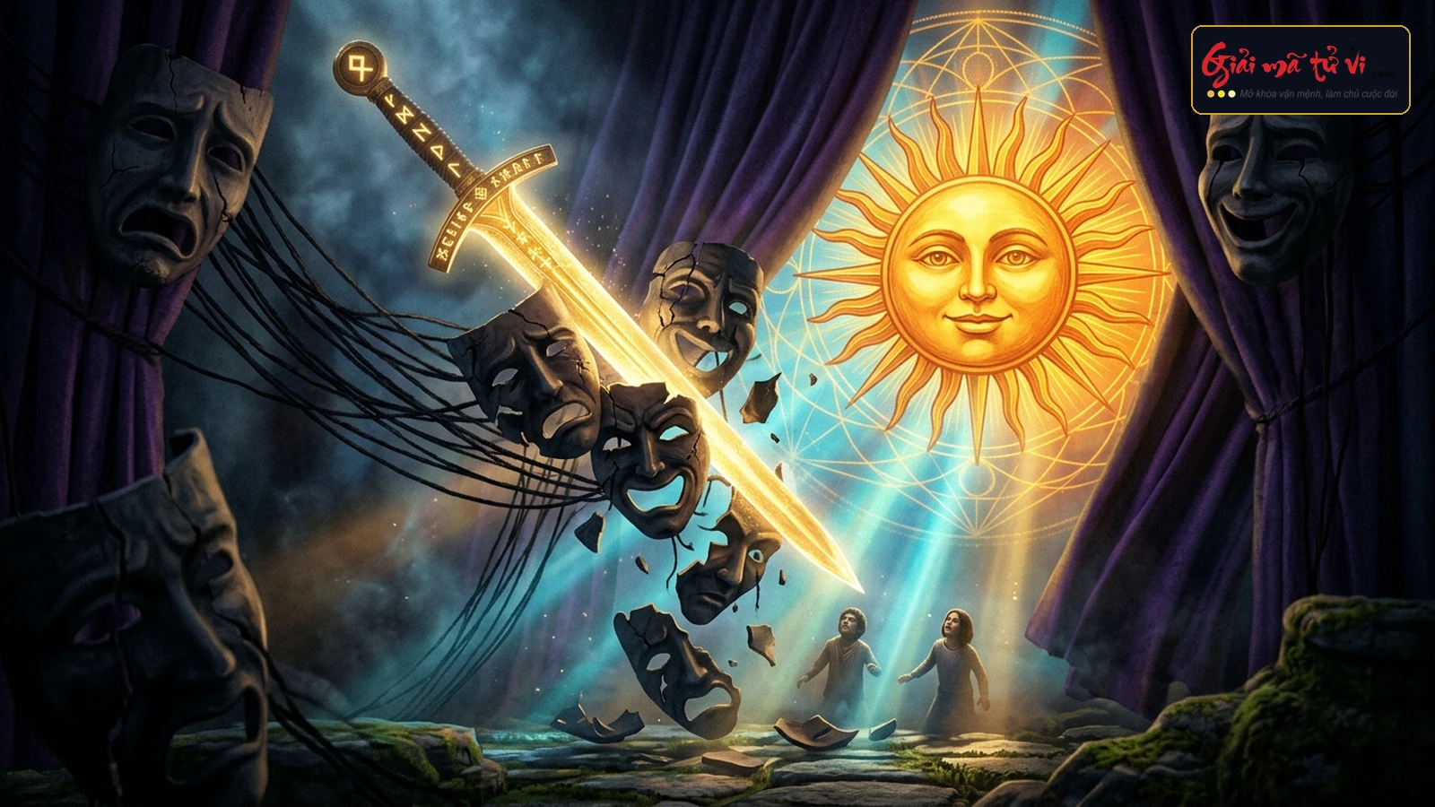 Bẻ Gãy Các Trò Chơi Tâm Lý Games People Play Trong Tarot – Thanh gươm Ace of Swords xé toang các mặt nạ kịch bản thao túng, giải phóng ánh sáng chân lý The Sun