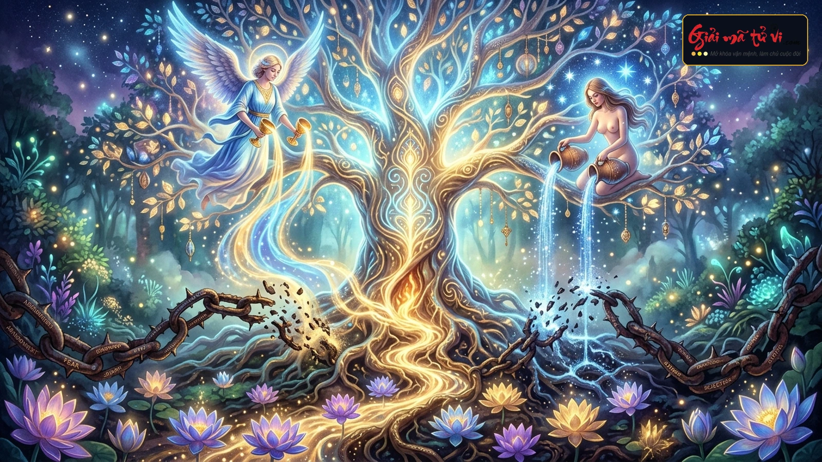 Hóa Giải 12 Lệnh Cấm Tuổi Thơ Trong Tarot – Cây ký ức Tree of Life được tưới tắm bởi dòng nước yêu thương của Temperance và The Star, chặt đứt xiềng xích tổn thương