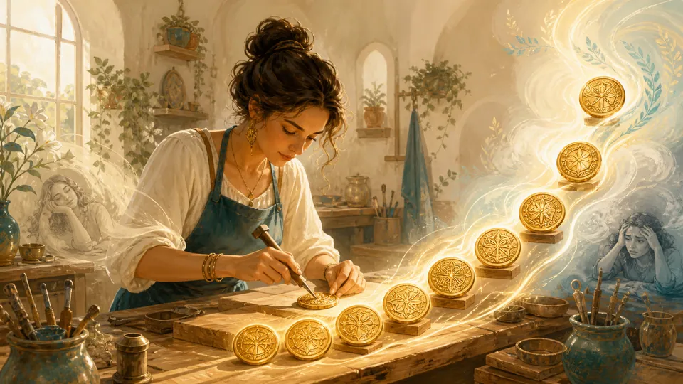 Trạng thái dòng chảy qua hình tượng Eight of Pentacles
