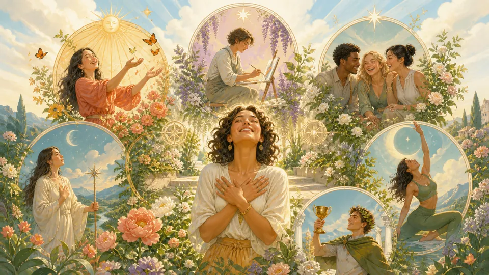 Minh họa Tarot và sáu trụ cột hạnh phúc PERMA+