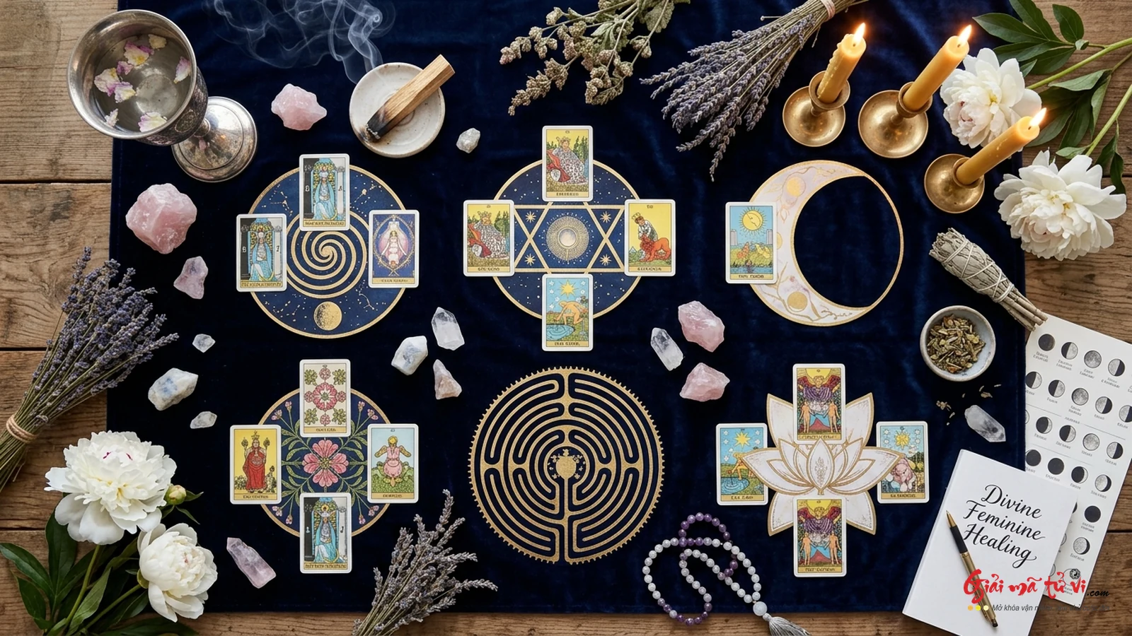 Không Gian Trải Bài Trị Liệu Tính Nữ Thiêng Liêng – 6 Phác Đồ Trải Bài Tarot Chữa Lành với Nến, Tinh Dầu Oải Hương và Đá Thạch Anh Hồng