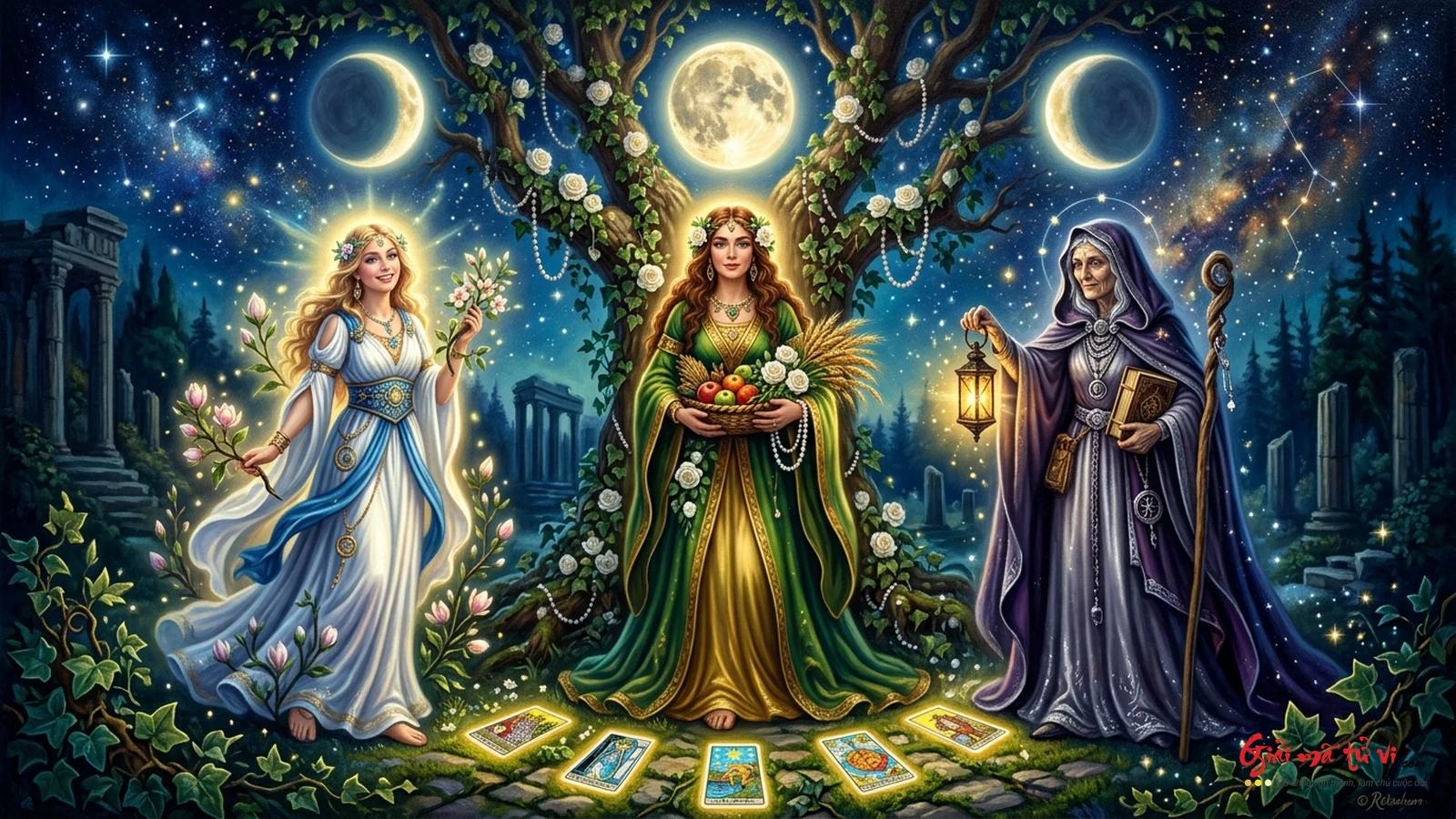 Ma Trận Tam Nữ Thần (The Triple Goddess: Maiden – Mother – Crone) Trong Tarot – Ba giai đoạn chuyển hóa tâm thức của người phụ nữ dưới 3 chu kỳ mặt trăng