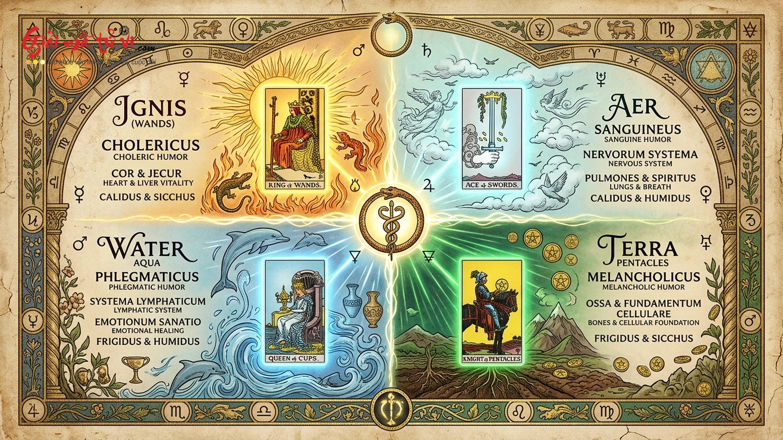 Ma Trận 4 Thể Dịch Cổ Điển Trong Medical Tarot – Minh họa 4 nguyên tố Lửa Wands Choleric, Nước Cups Phlegmatic, Khí Swords Sanguine, Đất Pentacles Melancholic tương ứng các hệ cơ quan nội tạng