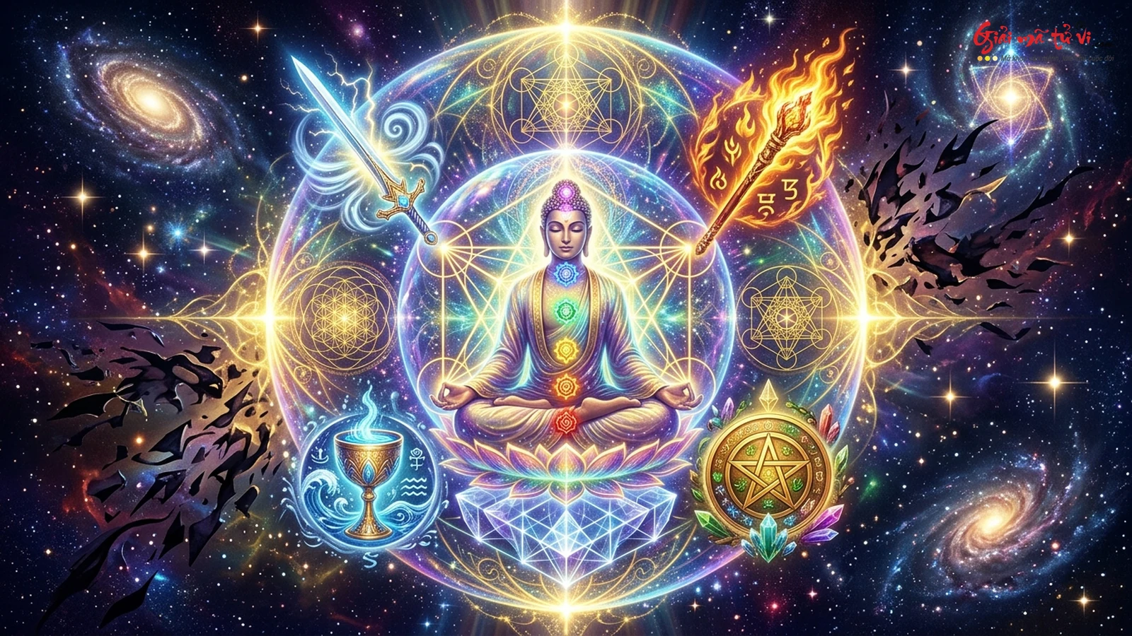 Kỹ Thuật Đóng Ấn Hào Quang 4 Lớp Nguyên Tố Trong Tarot – Hình ảnh thiền giả được bảo vệ bởi 4 vòng khiên nguyên tố: Lửa Wands, Nước Cups, Khí Swords, Đất Pentacles