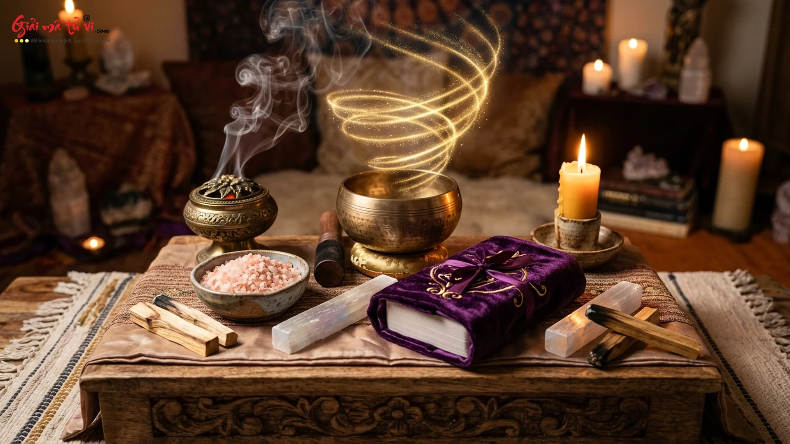 Nghi thức thanh tẩy không gian thiêng liêng và bộ bài Tarot bằng 4 nguyên tố: chuông xoay Tây Tạng, muối biển hồng, khói xô thơm và nến sáp ong
