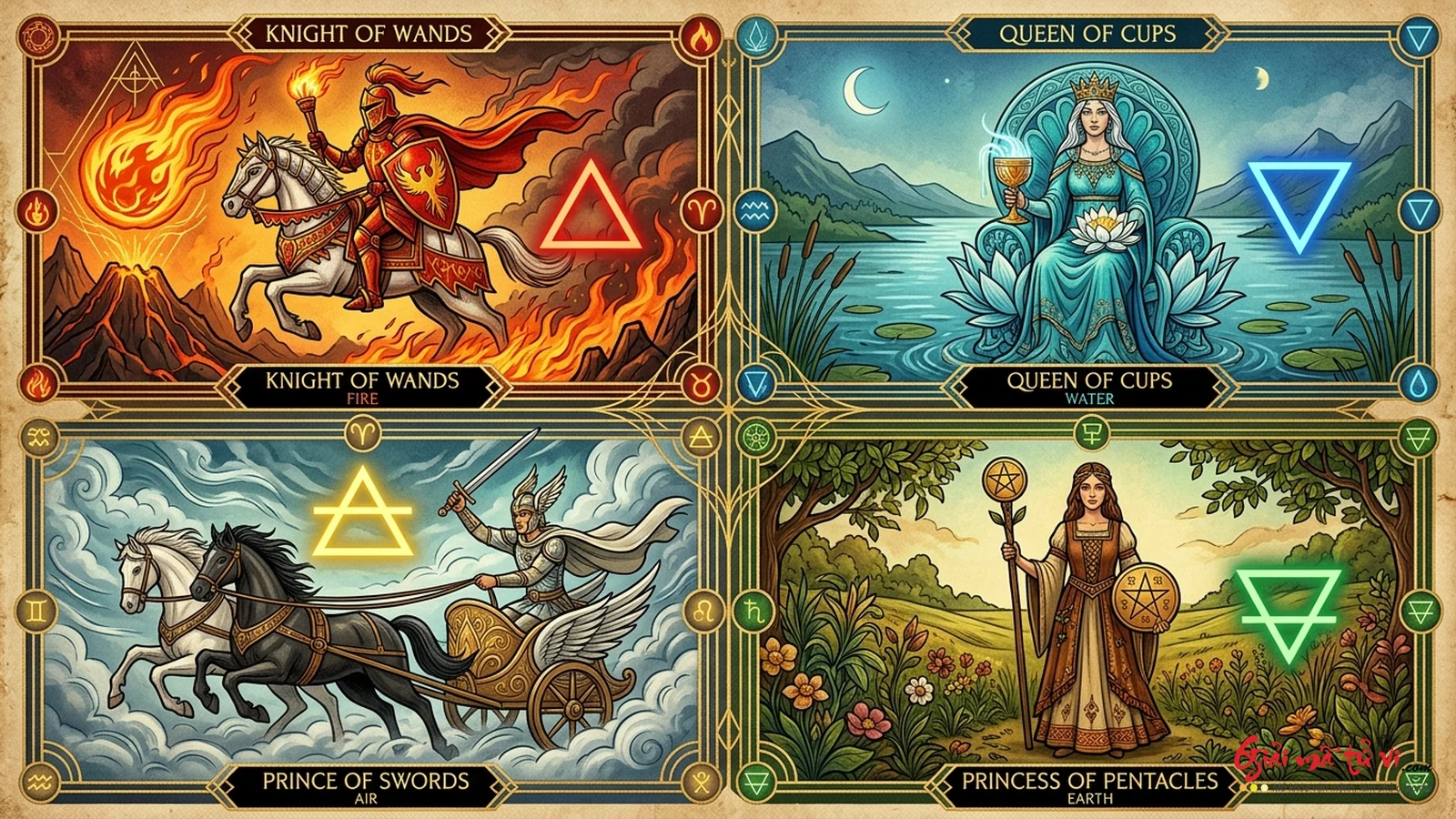 Hệ thống 4 cấp bậc Hoàng gia Thoth Tarot theo mật mã Tetragrammaton YHVH: Knight, Queen, Prince và Princess