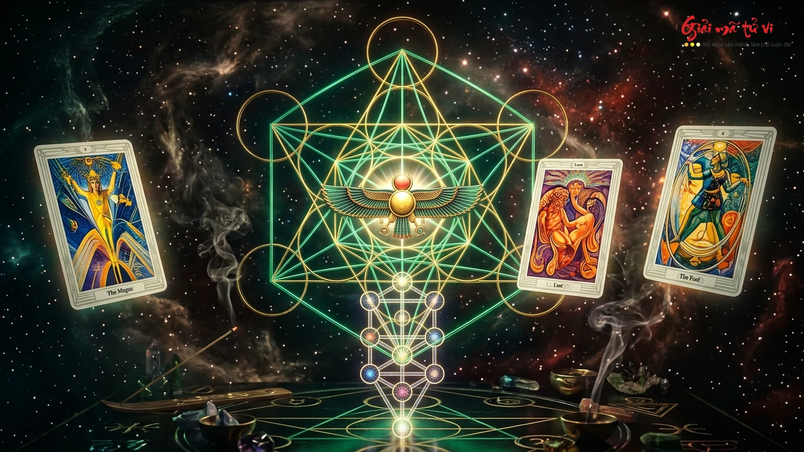 Bàn thờ huyền môn Thoth Tarot với cuốn The Book of Thoth, đĩa mặt trời có cánh Ai Cập và ánh sáng hình học chiếu phóng