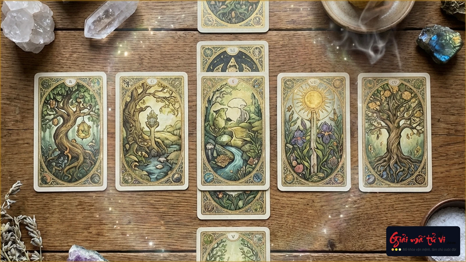 Sơ đồ 10 vị trí của trải bài Celtic Cross phân định Vòng tròn Thánh giá 6 lá và Cột trụ hiện thực 4 lá chuẩn xác