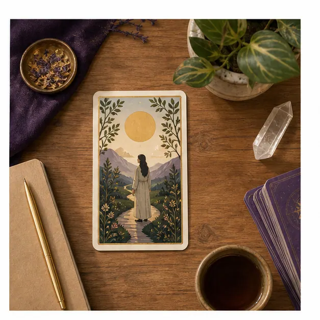 Một lá Tarot được đặt riêng trên bàn để tập trung quan sát biểu tượng