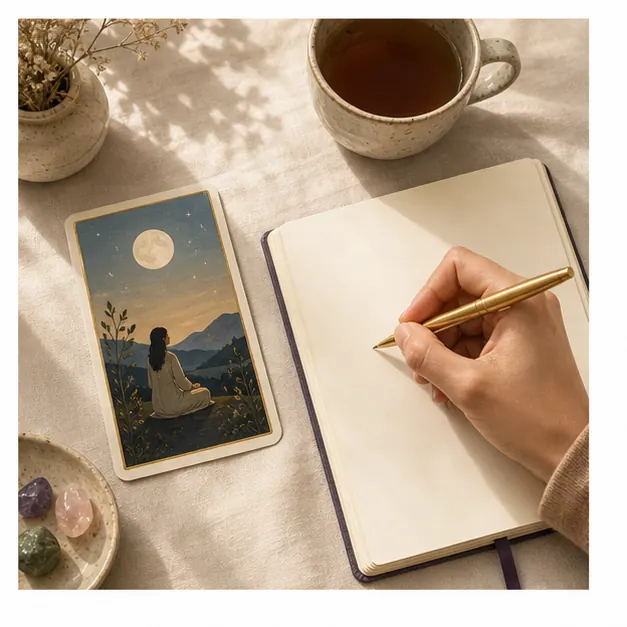 Bàn học Tarot có một lá bài, bút và biểu tượng trực giác
