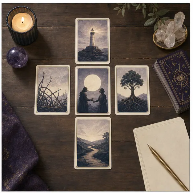 Năm lá Tarot xếp thành bố cục phân tích hiện trạng và lời khuyên