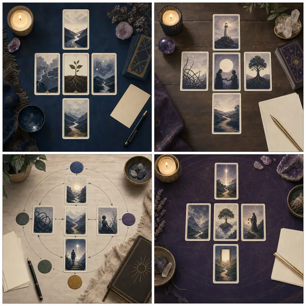 Bàn Tarot có nhiều lá bài và giấy ghi chú phân tích theo từng vị trí
