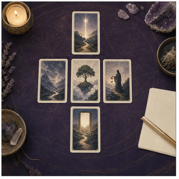 Người quan sát năm lá Tarot để kết nối thành một câu chuyện hoàn chỉnh