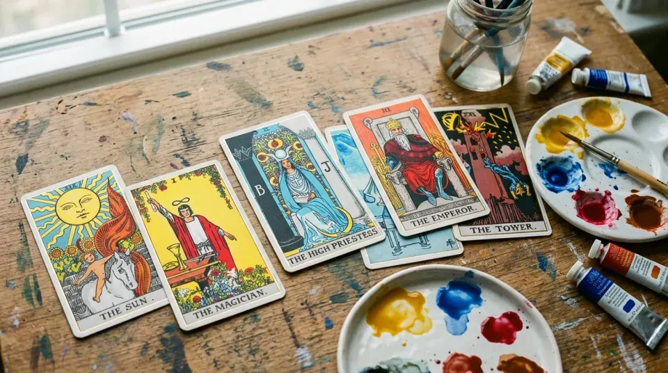 Các lá Tarot cạnh bảng pha màu, cọ vẽ và tuýp sơn trên bàn gỗ