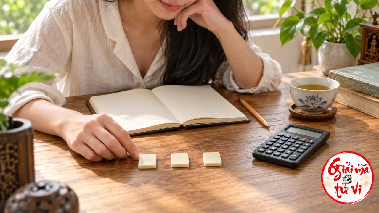 Người ngồi bên sổ mở, ba ô trống, máy tính và tách trà trên bàn gỗ, logo ở góc phải dưới