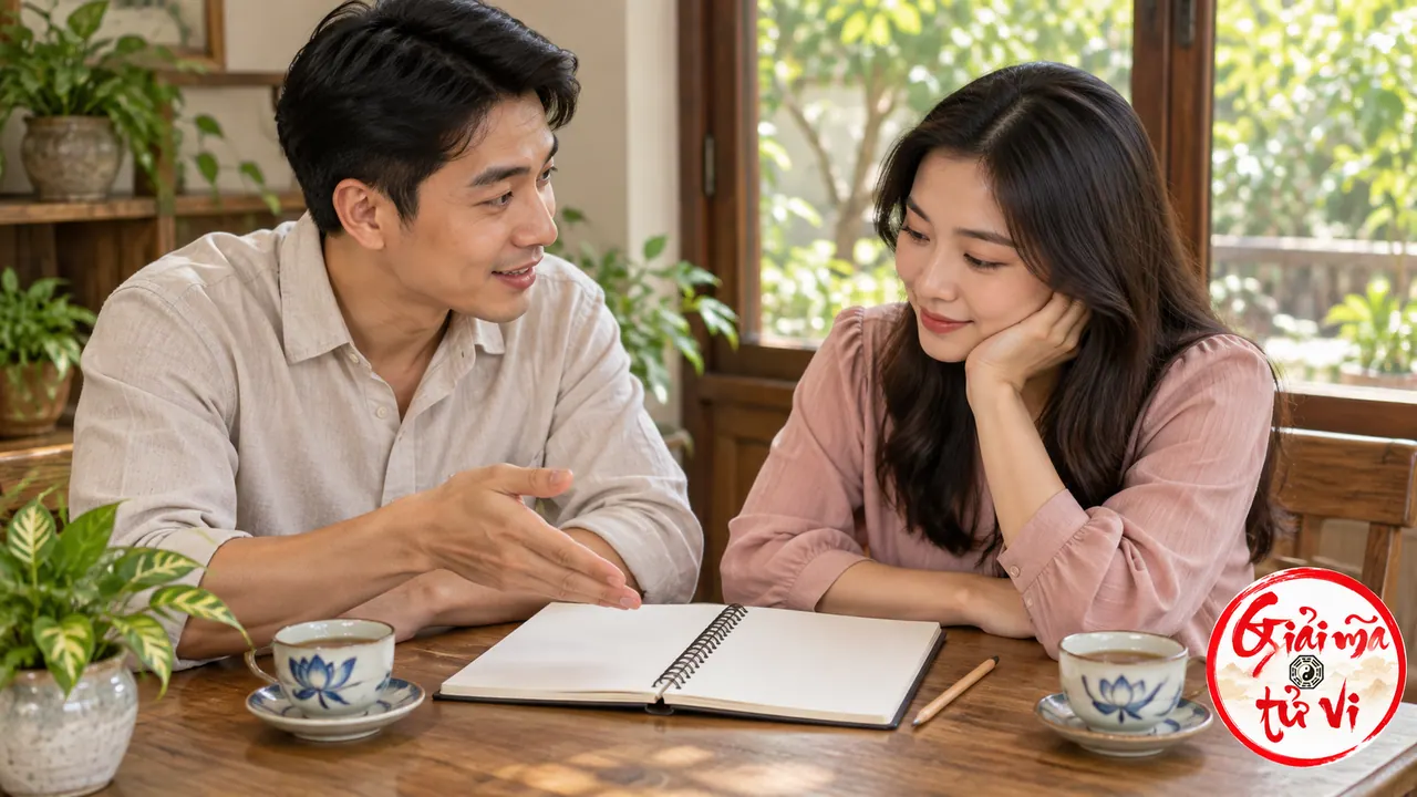Hai người trao đổi bên cuốn sổ mở và hai tách trà, logo ở góc phải dưới