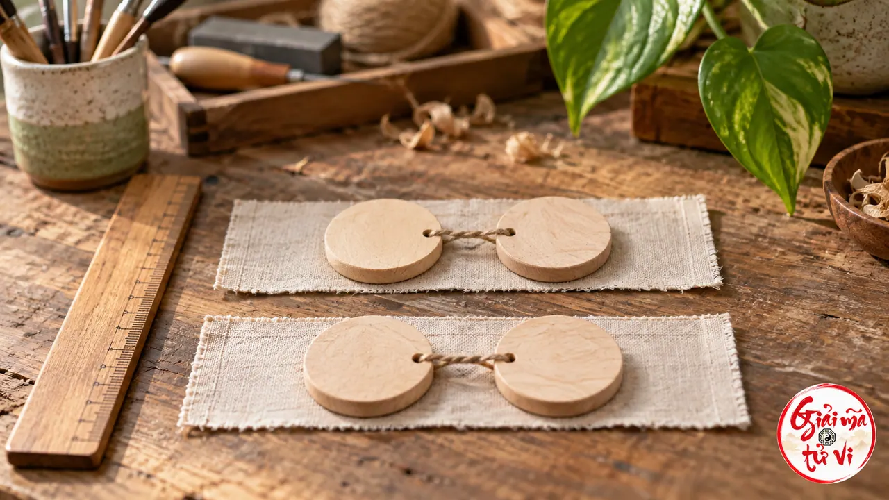Hai cặp miếng gỗ tròn nối bằng dây trên hai dải vải, cạnh thước gỗ và dụng cụ, logo ở góc phải dưới