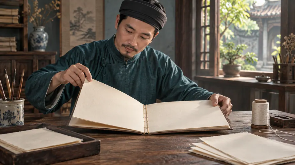 Người thợ mở cuốn sổ đóng chỉ, hai tay đặt gần các trang giấy trống