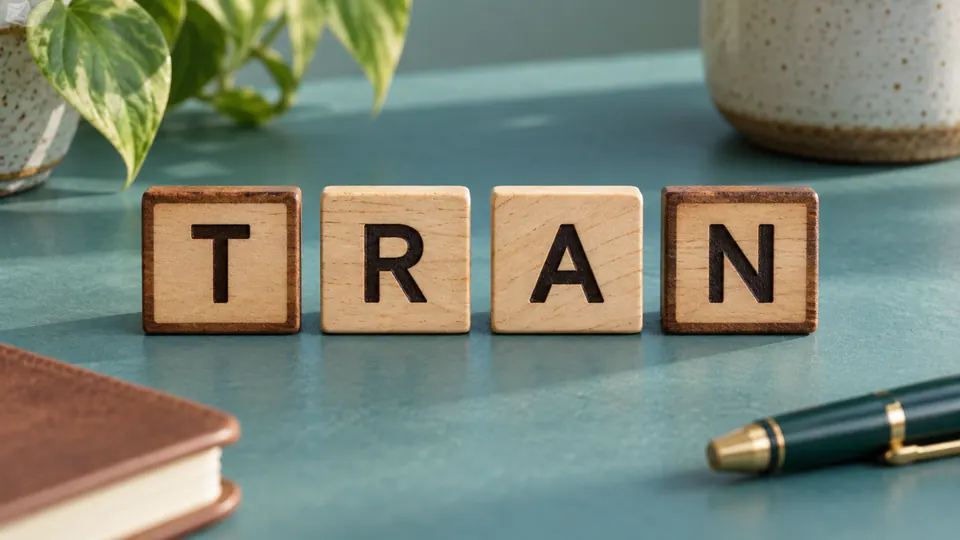 Bốn ô chữ gỗ T, R, A, N xếp thành hàng; ô đầu và cuối có viền sẫm