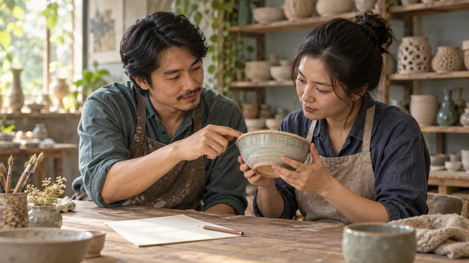 Hai người thợ cùng kiểm tra mép chiếc bát gốm đã hoàn thành