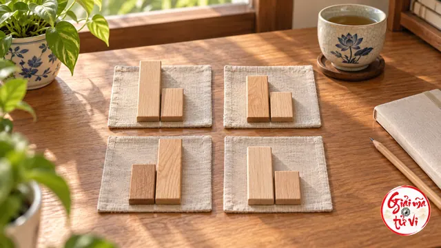 Bốn đôi mẫu gỗ dài ngắn đặt trên bốn miếng vải ở bàn gỗ, cạnh cây, cốc trà và sổ, logo góc phải dưới