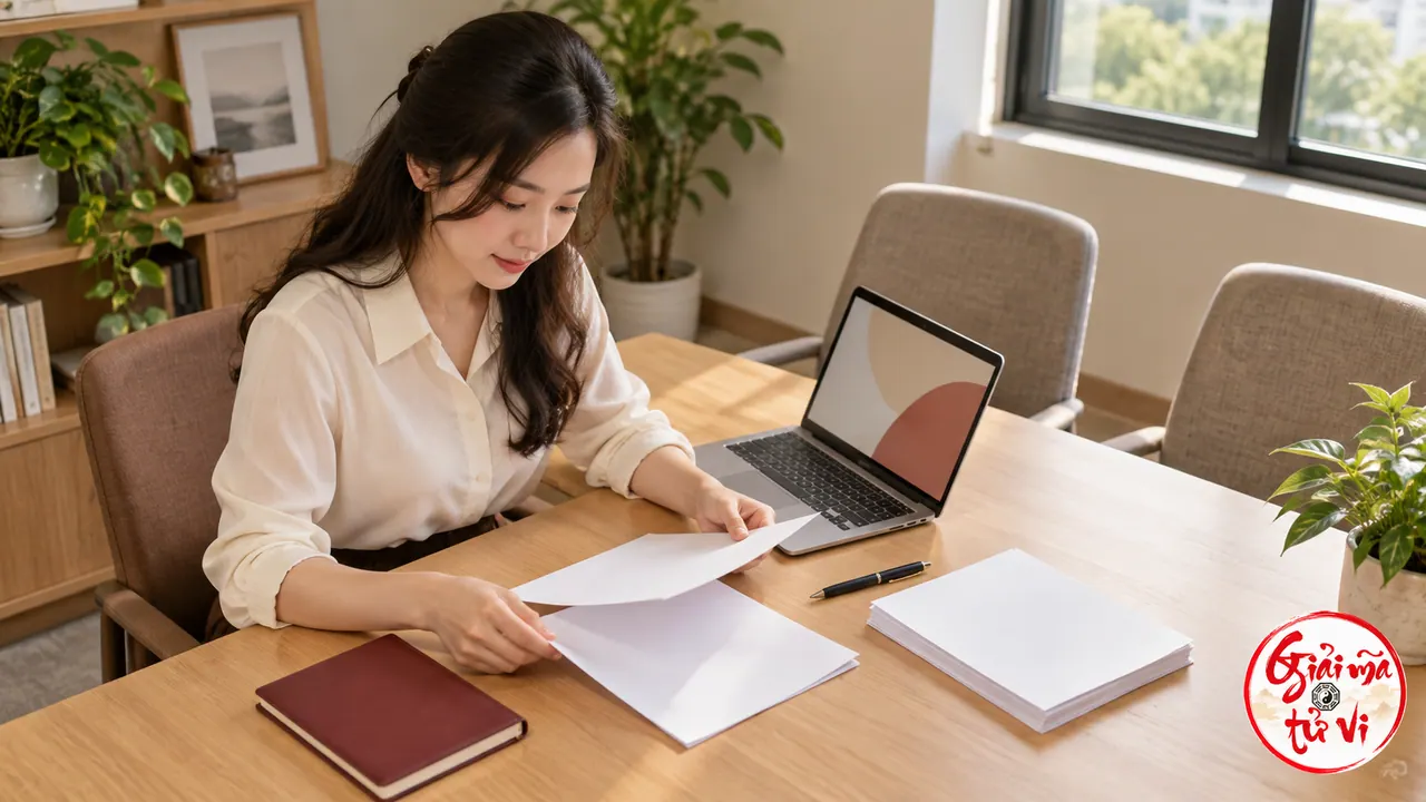 Người phụ nữ xem các tờ giấy trên bàn họp bên máy tính và hai ghế trống, logo Giải Mã Tử Vi ở góc dưới phải