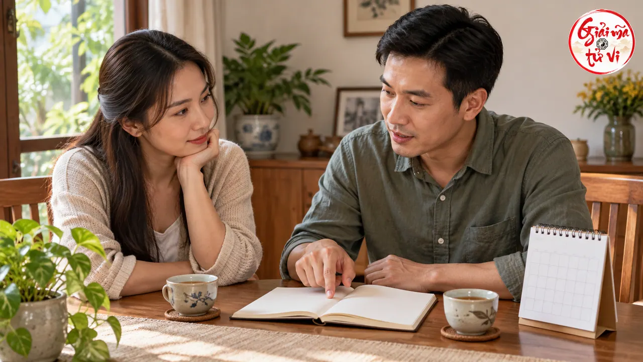 Hai người ngồi trao đổi bên cuốn sổ mở và hai tách trà