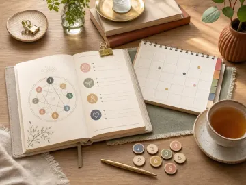 Sổ mở, lịch để bàn và các thẻ số tròn cạnh tách trà