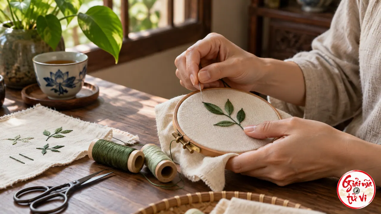 Đôi tay thêu nhánh lá trên khung tròn, cạnh mẫu vải, cuộn chỉ và kéo, logo góc phải dưới