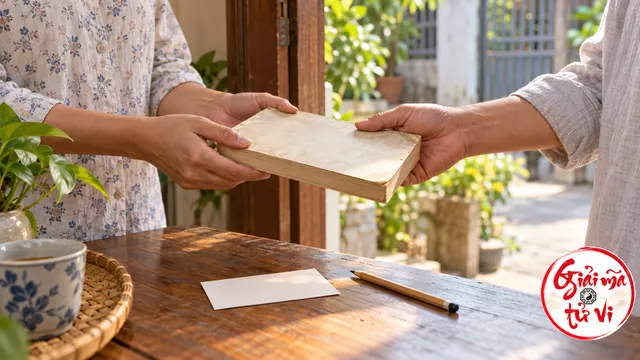 Hai người trao một cuốn sách bìa trống cạnh giấy hẹn và bút trên bàn ở cửa nhà, logo ở góc phải dưới