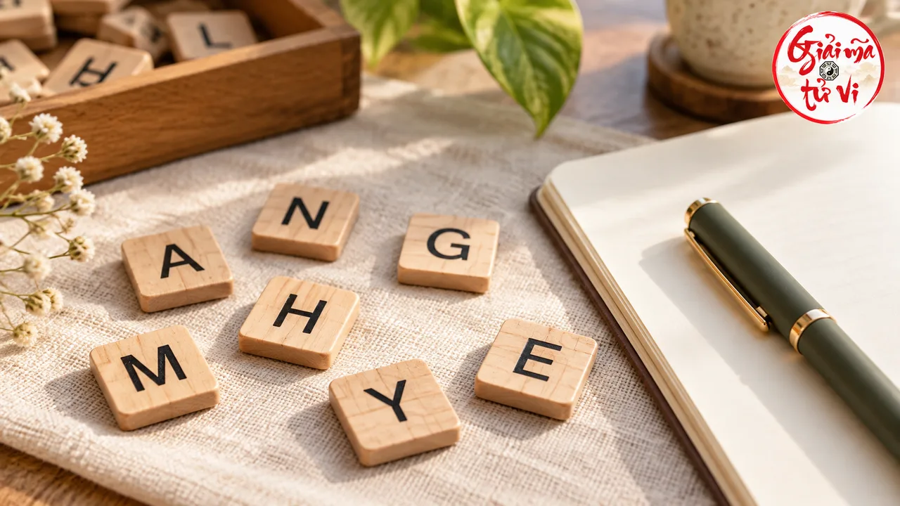 Các thẻ gỗ mang chữ A, N, G, M, H, Y, E đặt rời trên tấm vải cạnh sổ và bút